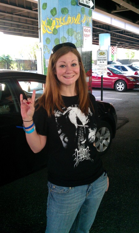 Me looking like a big ol' dweeby fangirl in my False shirt. MPLS metal is my fave.